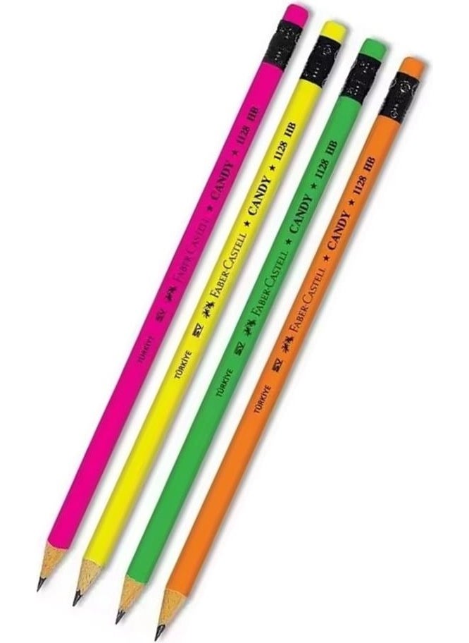 FABER-CASTELL - Pencil with Eraser 4 Pieces Candy Hb Black Pencil with Eraser Neon Patterned Hb Pencil - Image 1