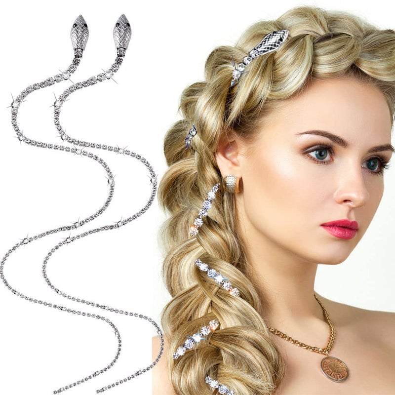 2 PCS Full Rhinestone Snake Hair Chains Sparkle Long Tassel Crystal Headband Hair Accessories Jewelry Punk Tassel Hair Clips Silver Decorative Hair Clips for Women Girls Wedding Party Nightclub Party