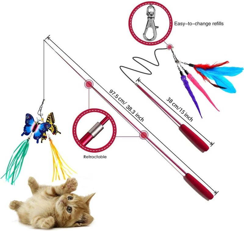 MQ Interactive Cat Wand Toy With 2 Poles & 9 Attachments - Worm Feathers Toy for Kitten and Indoor Cats - Image 2