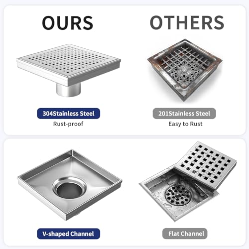 Bernkot Square Shower Drain 6", 304 Stainless Steel Floor Drain w/Hair Strainer, Grid Shower Drain w/CUPC Certified, Brushed - Image 4