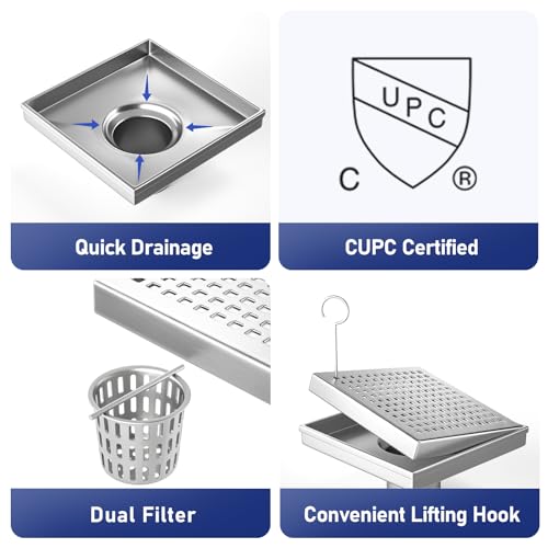 Bernkot Square Shower Drain 6", 304 Stainless Steel Floor Drain w/Hair Strainer, Grid Shower Drain w/CUPC Certified, Brushed - Image 3