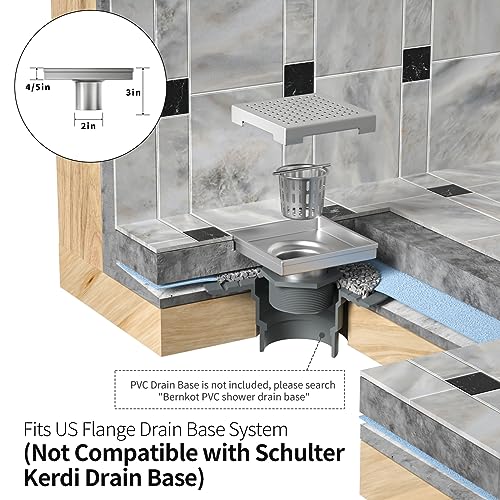 Bernkot Square Shower Drain 6", 304 Stainless Steel Floor Drain w/Hair Strainer, Grid Shower Drain w/CUPC Certified, Brushed - Image 5