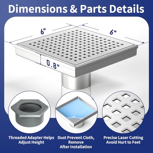 Bernkot Square Shower Drain 6", 304 Stainless Steel Floor Drain w/Hair Strainer, Grid Shower Drain w/CUPC Certified, Brushed - Image 2