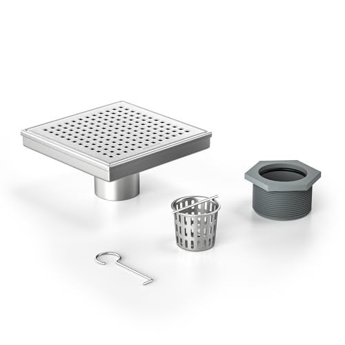 Bernkot Square Shower Drain 6", 304 Stainless Steel Floor Drain w/Hair Strainer, Grid Shower Drain w/CUPC Certified, Brushed - Image 1