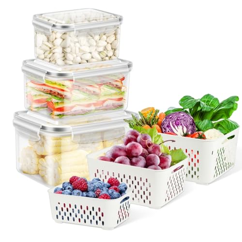 TBMax Fruit Storage Containers for Fridge Organizers and Storage, 4 Pack Large Produce Saver with Airtight Lid & Colander for Berry Lettuce Salad Vegetable Storage, Refrigerator Organizers - Image 1