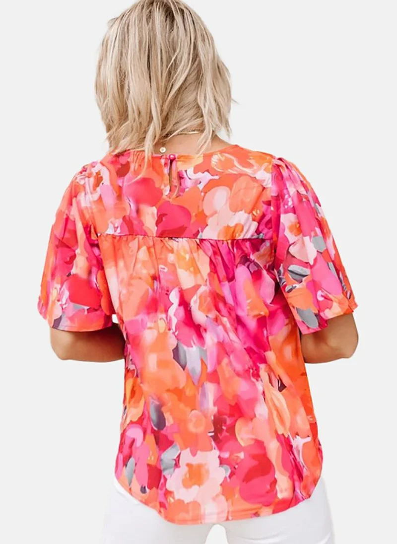 YUNIQEE Pink Floral Short Sleeve Tie-up Tunics