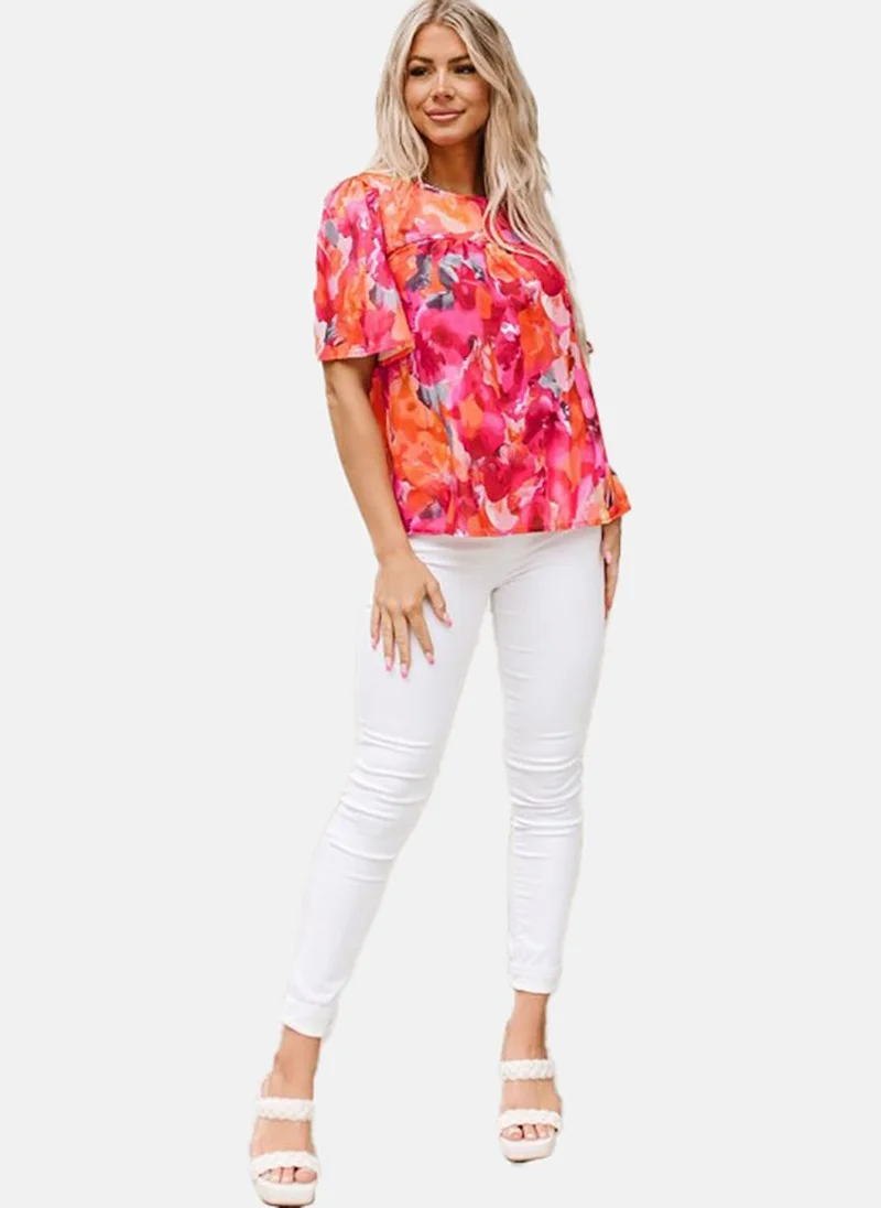 YUNIQEE Pink Floral Short Sleeve Tie-up Tunics