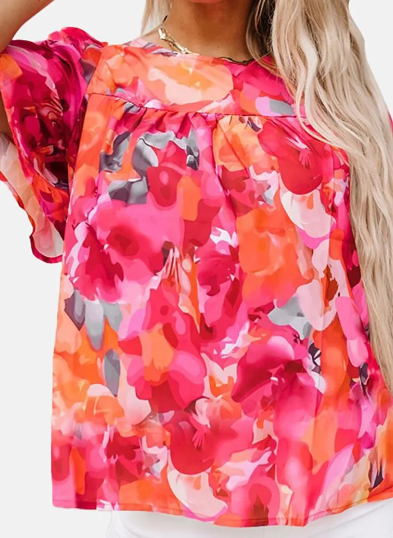 يونيكي Pink Floral Short Sleeve Tie-up Tunics