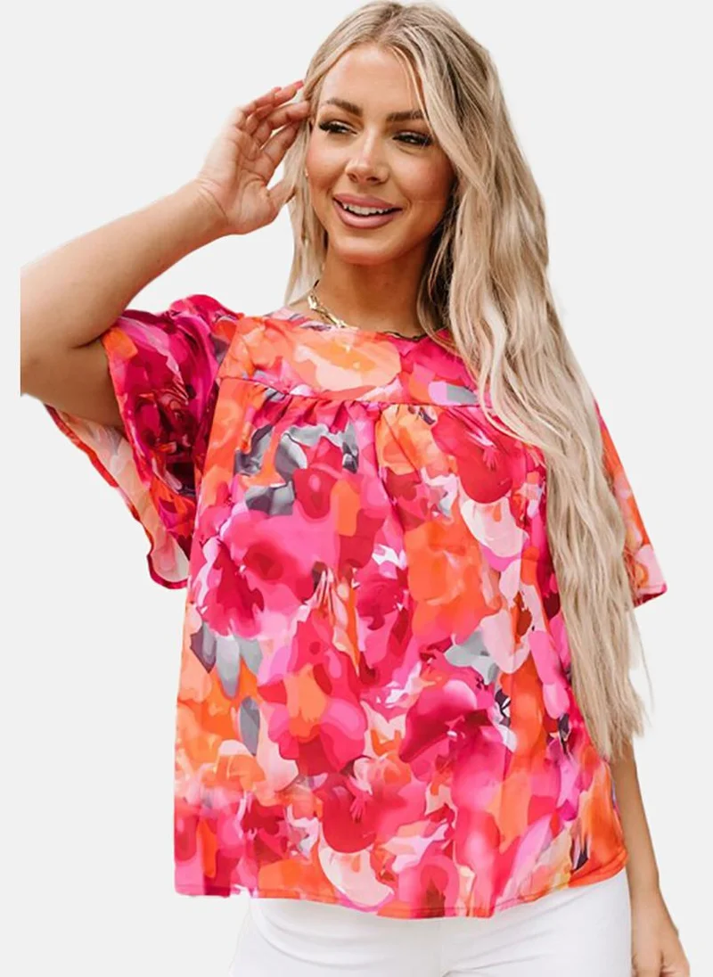 يونيكي Pink Floral Short Sleeve Tie-up Tunics