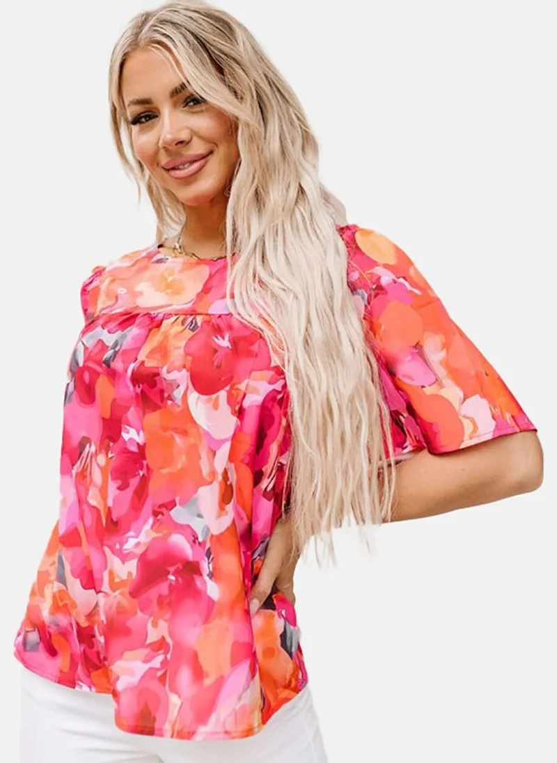 YUNIQEE Pink Floral Short Sleeve Tie-up Tunics
