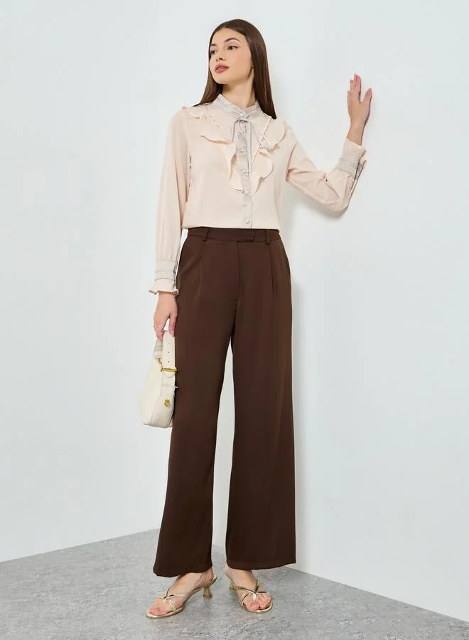 Styli Beige Ruffled Detail Oversized Shirt