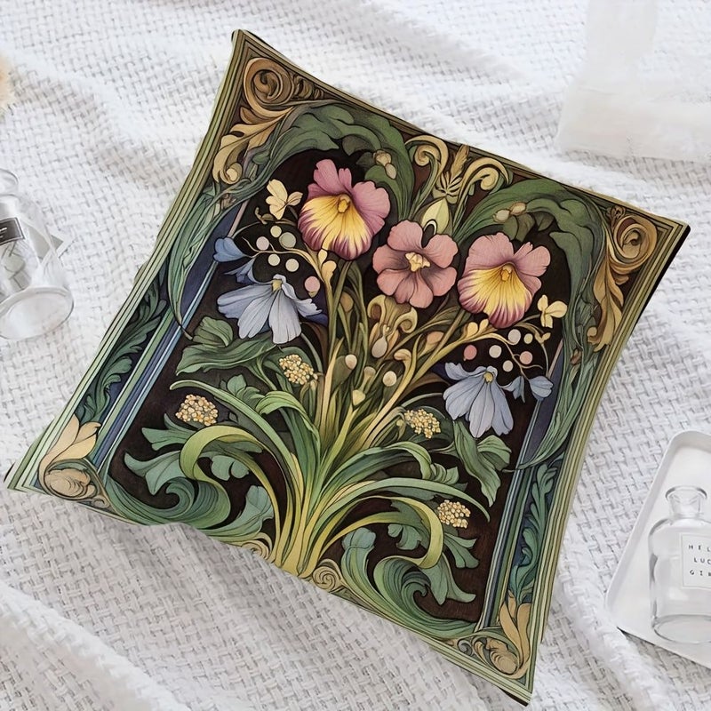 غطاء وسادة على طراز الفن الجديد زهري 20 × 20 بوصة، من البوليستر الناعم، قابل للغسل في الغسالة - Image 4