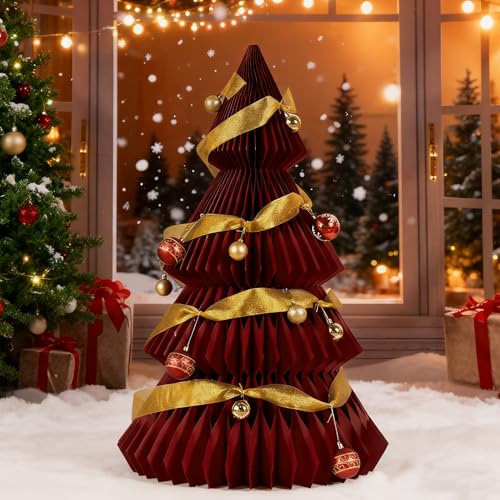 PAPER JAZZ 3ft Large Honeycomb Christmas Tree3D Giant Red Paper Christmas Tree DecorationsArtificial Folding Tree Centerpiece for Xmas DecorationsMall StorefrontsLiving RoomDoorsidePorch - Image 1
