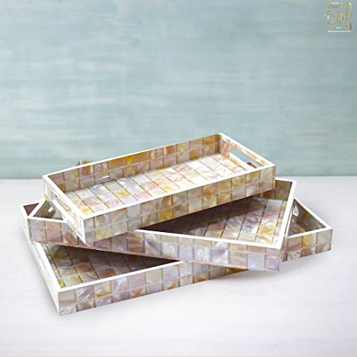 Tranquil Square Wooden Serving Tray Set of 3 White and Grey Colour - Image 1