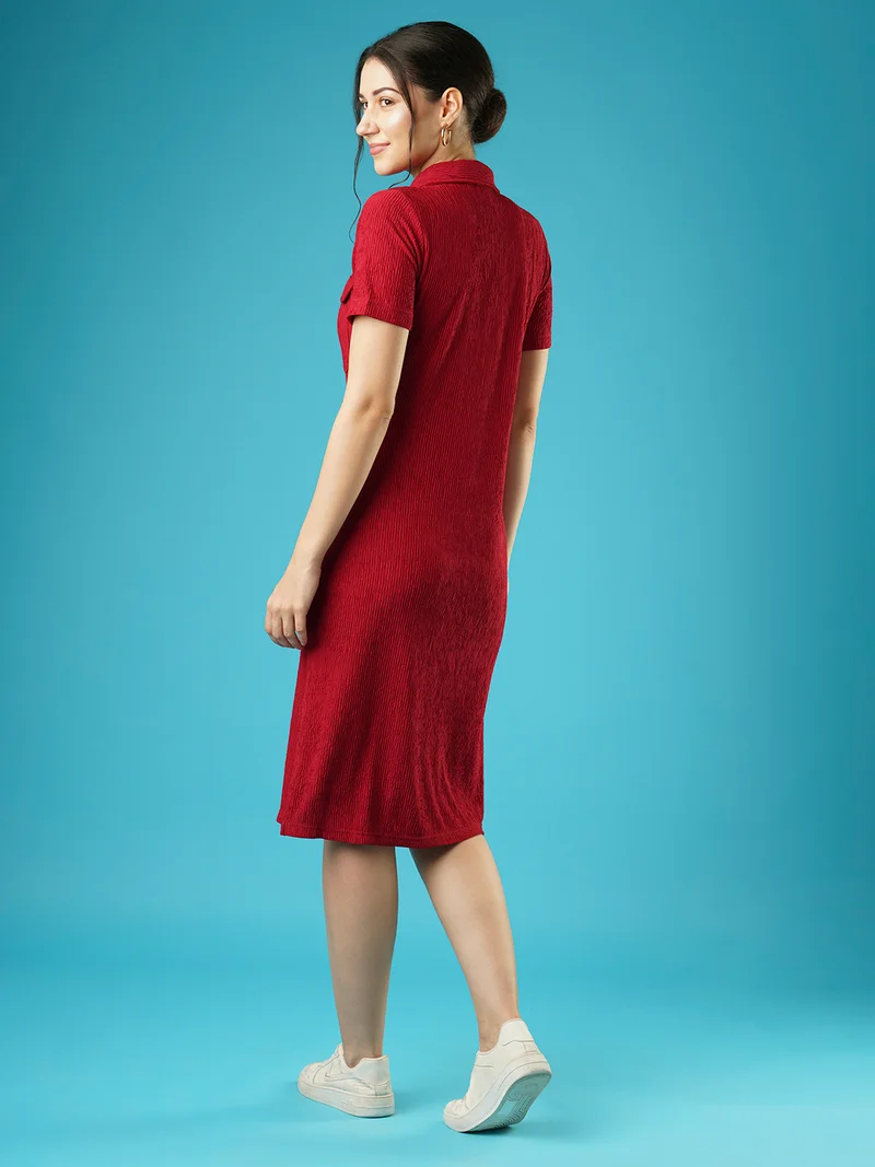 globus Women Self Design Shirt Collar Pocket Detail Midi Sheath Dress
