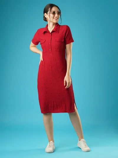 globus Women Self Design Shirt Collar Pocket Detail Midi Sheath Dress