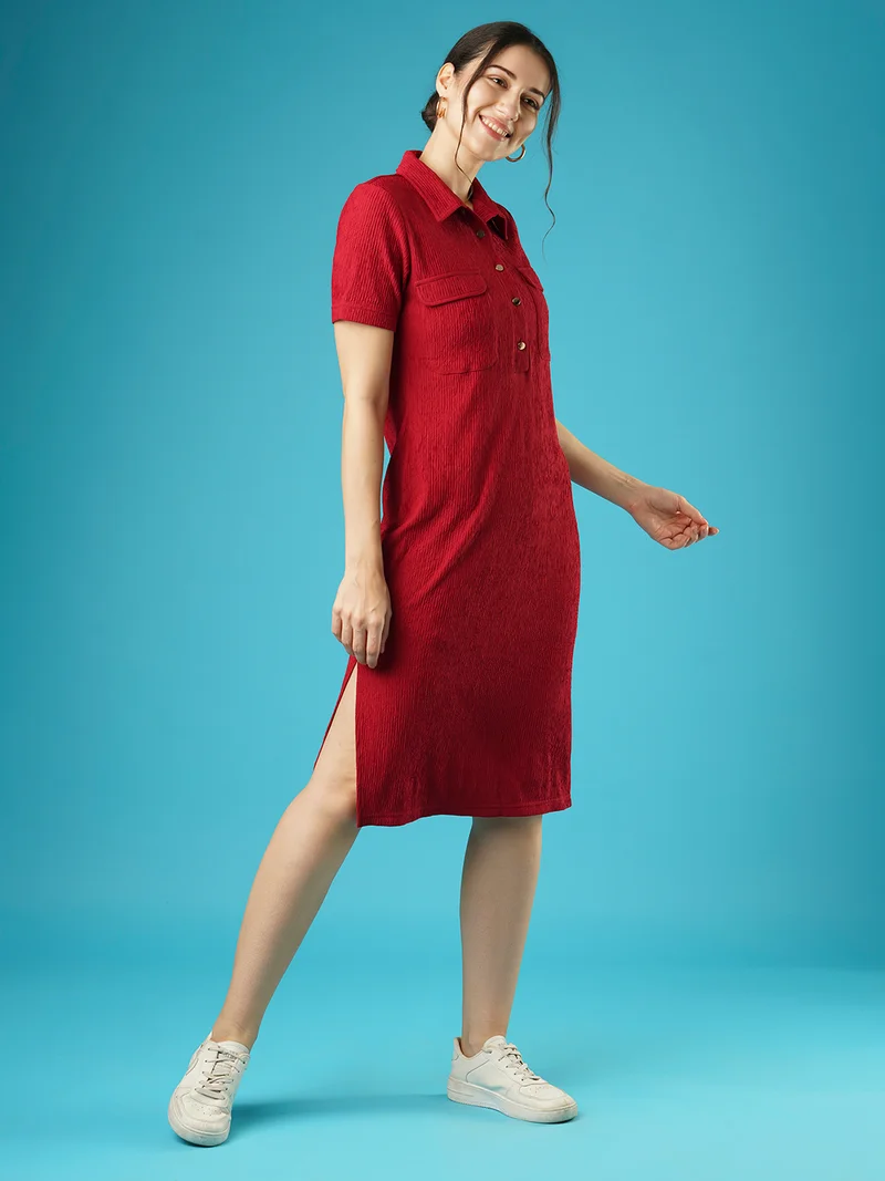 globus Women Self Design Shirt Collar Pocket Detail Midi Sheath Dress