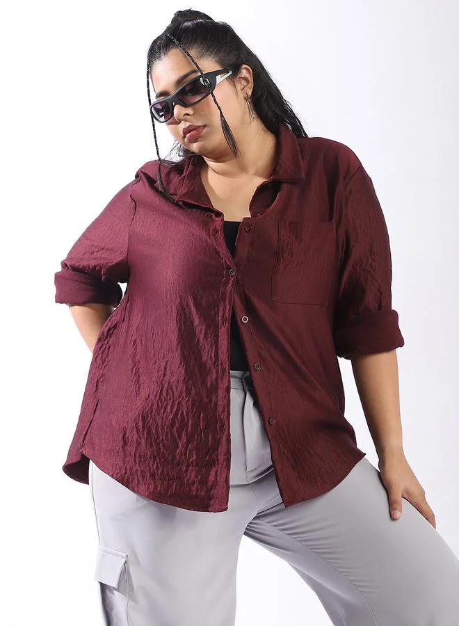 HIGH STAR Women'S Wine 100% Polyester Solid Pattern Plus Size Button Down Boxy Shirt