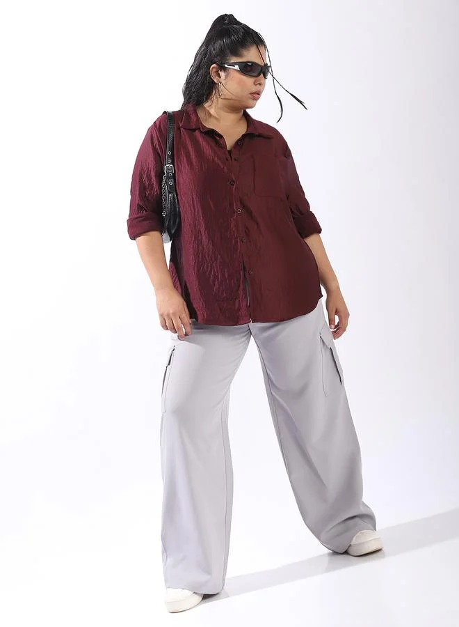 HIGH STAR Women'S Wine 100% Polyester Solid Pattern Plus Size Button Down Boxy Shirt