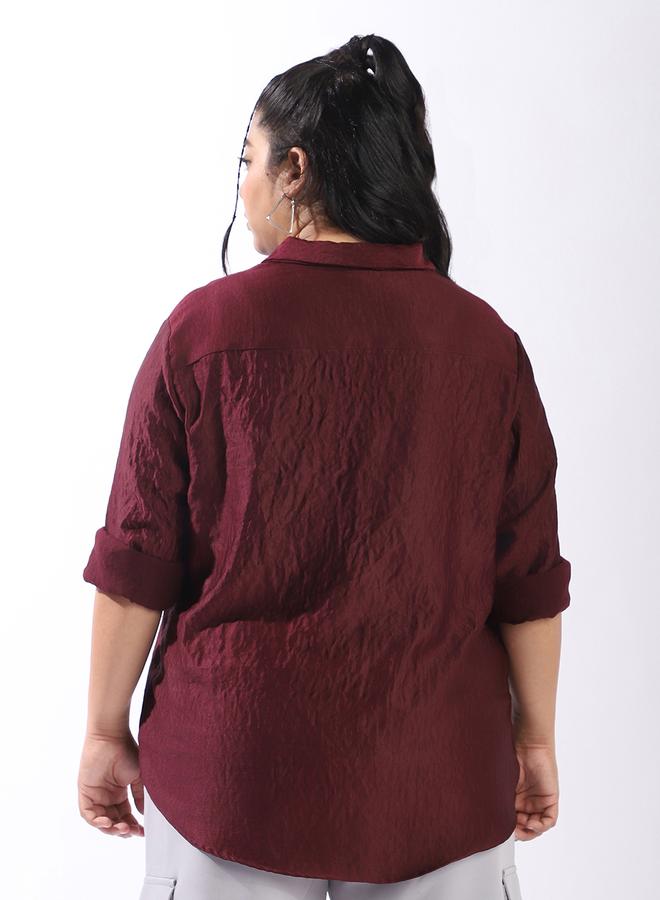 HIGH STAR Women'S Wine 100% Polyester Solid Pattern Plus Size Button Down Boxy Shirt - Image 5