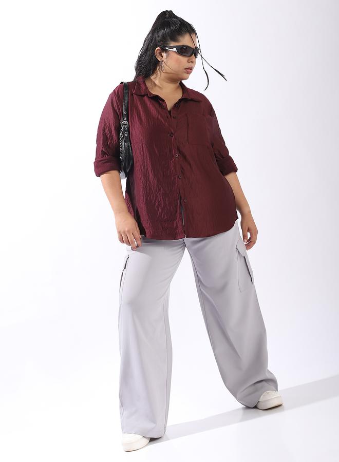 HIGH STAR Women'S Wine 100% Polyester Solid Pattern Plus Size Button Down Boxy Shirt - Image 1