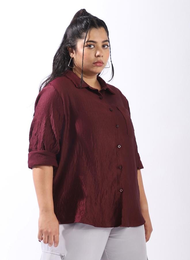 HIGH STAR Women'S Wine 100% Polyester Solid Pattern Plus Size Button Down Boxy Shirt - Image 3