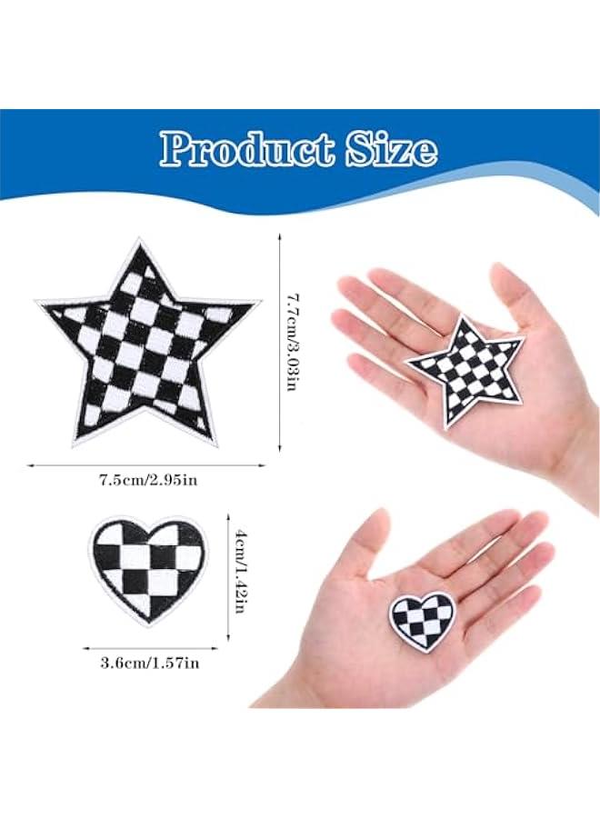 12pcs Star Iron on Patches, Heart Patches Iron on Embroidered, Racing Race Day Black White Checkered Decorative Applique Hat Patch Embroidery for Appliques Hats Trucker Clothes Jacket Denim - Image 3