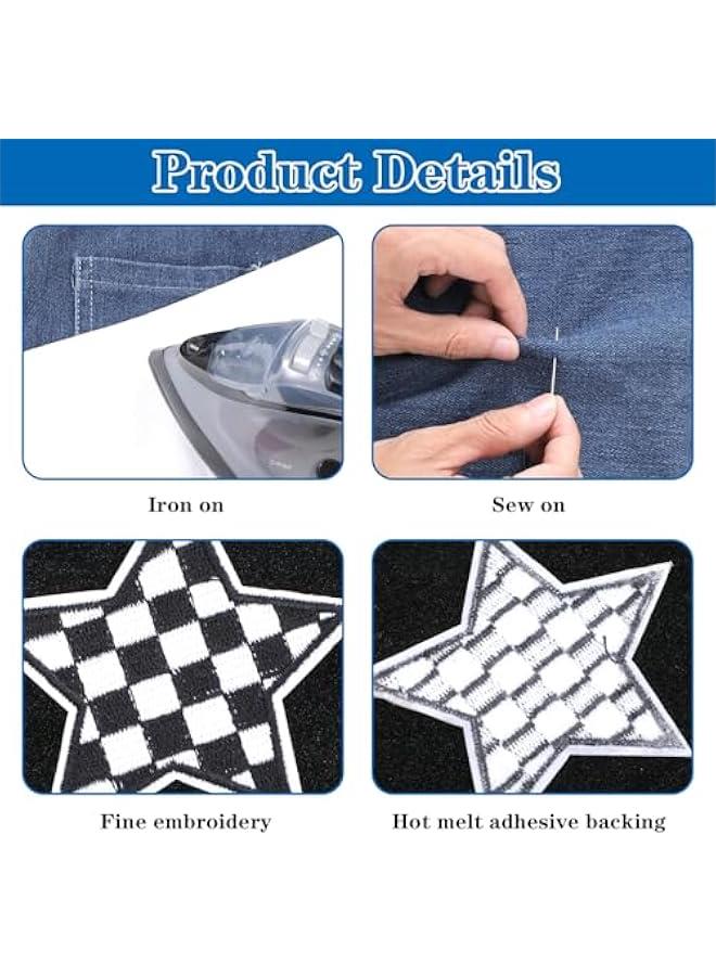 12pcs Star Iron on Patches, Heart Patches Iron on Embroidered, Racing Race Day Black White Checkered Decorative Applique Hat Patch Embroidery for Appliques Hats Trucker Clothes Jacket Denim - Image 4