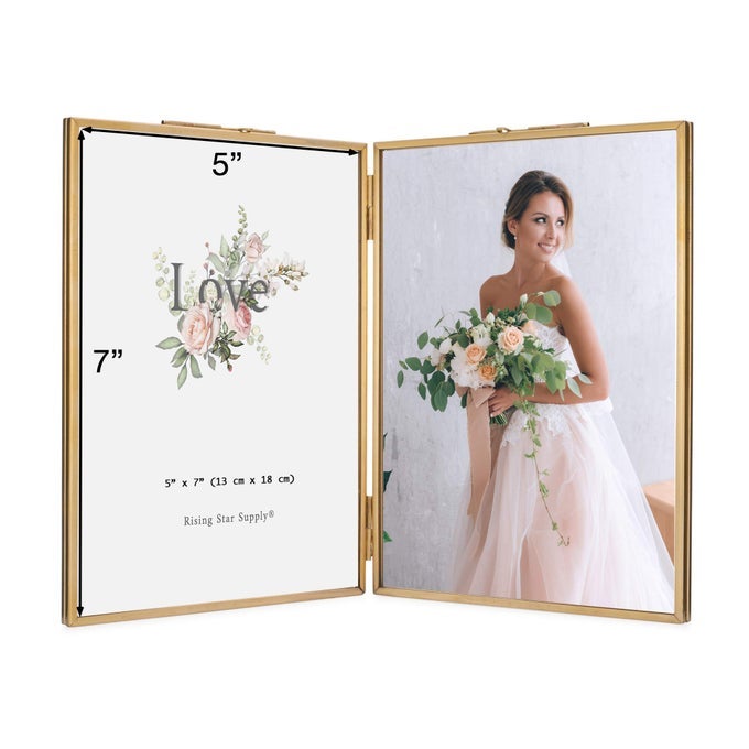 RISING STAR BRASS FRAME DOUBLE 5X7 FOLDING PICTURE FRAMES GOLD METAL PRESSED GLASS PHOTO FRAME