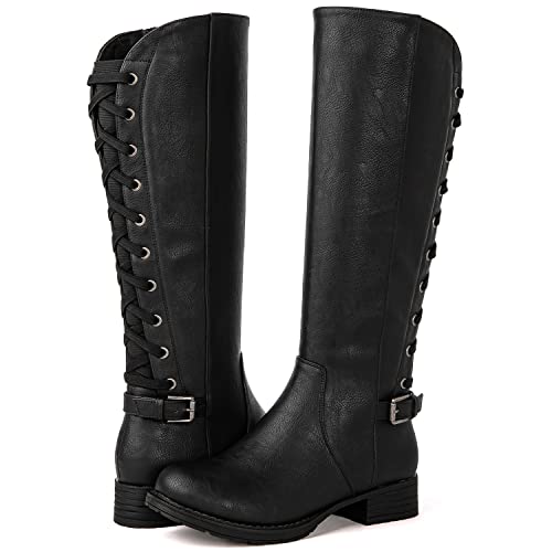 GLOBALWIN Womens Black Knee High Motorcylce Boots Strappy Boots For Women 10M - Image 1