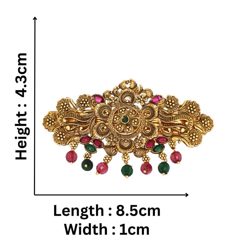 JWELLA Traditional Gold-Plated Hair Barrette Clip With Floral Design And Beads Danglers (Design-2) - Image 5