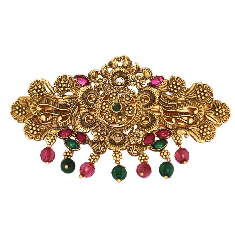JWELLA Traditional Gold-Plated Hair Barrette Clip With Floral Design And Beads Danglers (Design-2) - Image 1