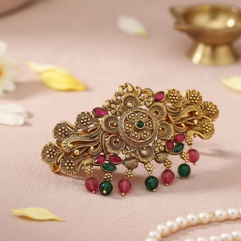 JWELLA Traditional Gold-Plated Hair Barrette Clip With Floral Design And Beads Danglers (Design-2) - Image 2