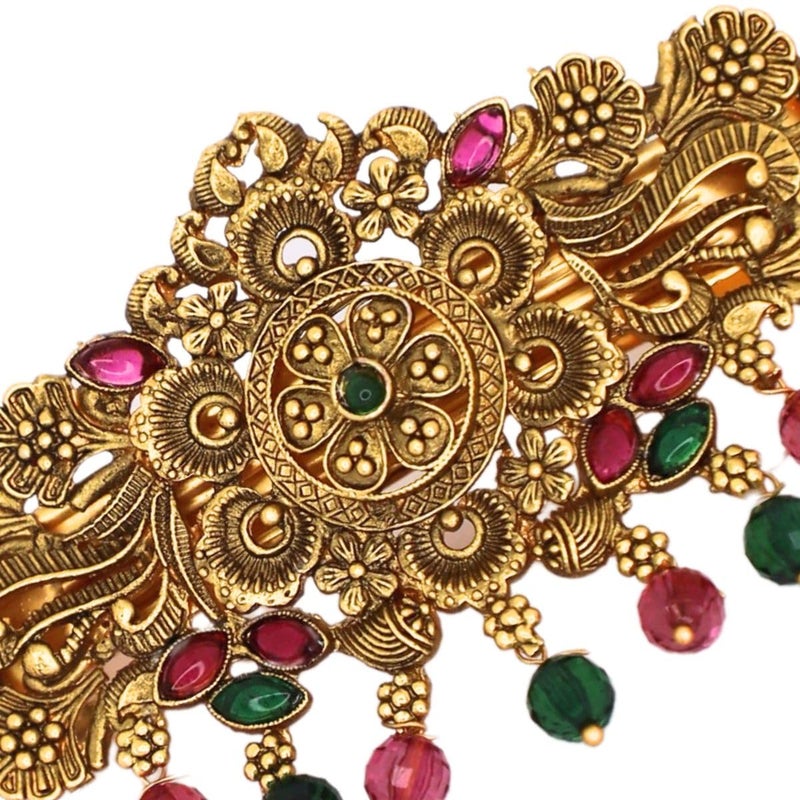 JWELLA Traditional Gold-Plated Hair Barrette Clip With Floral Design And Beads Danglers (Design-2) - Image 4