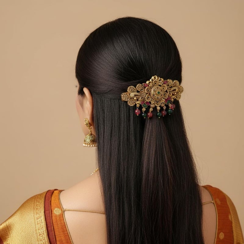 JWELLA Traditional Gold-Plated Hair Barrette Clip With Floral Design And Beads Danglers (Design-2) - Image 3