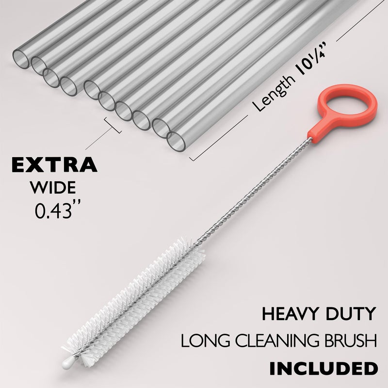 Fiesta First 10 EXTRA WIDE Long Reusable Hard Plastic Drinking Straws + Cleaning Brush - Fat Thick Large Jumbo Straws for Smoothies and Milkshakes - Semi-transparent - Dishwasher Safe BPA Free - Image 2