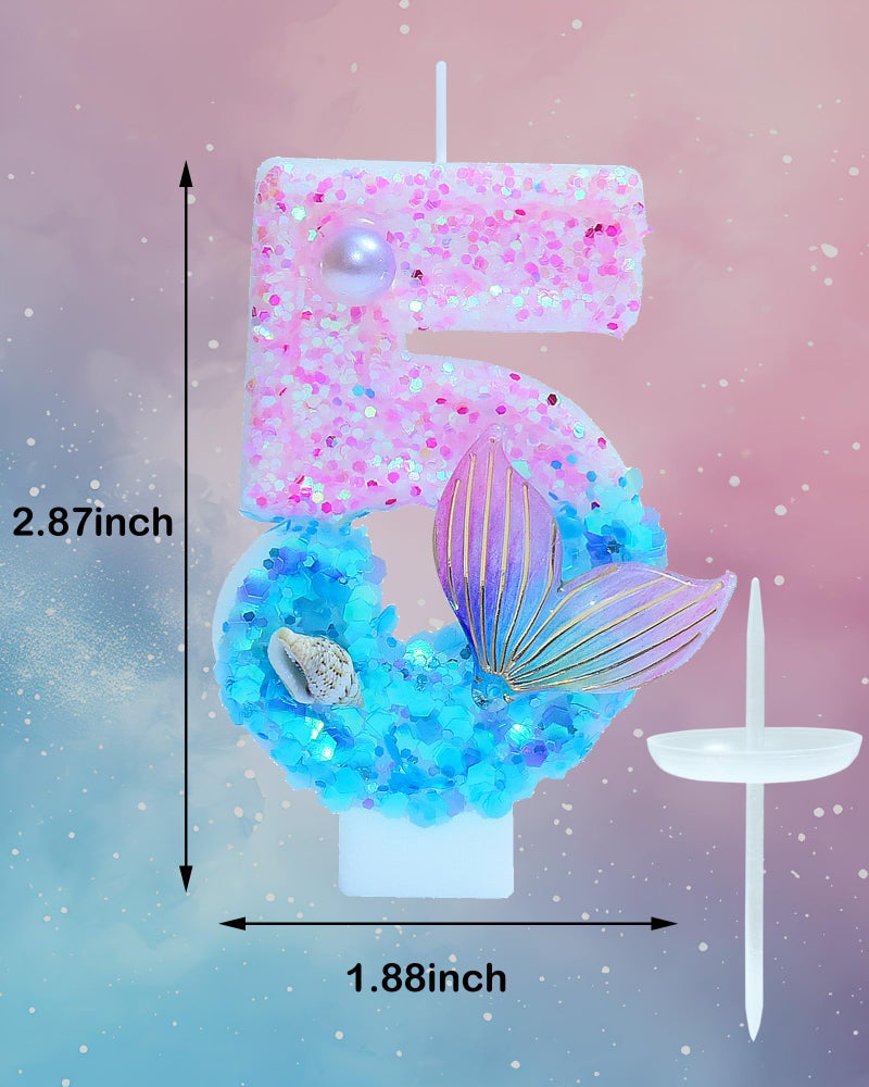 fauaoy Mermaid Themed Birthday Candles, Number 5 Girls Glitter Birthday Party Supplies,Anniversary Party Decor,2.87 inch Cake Topper Decorations (Mermaid Themed, Number 5) - Image 3