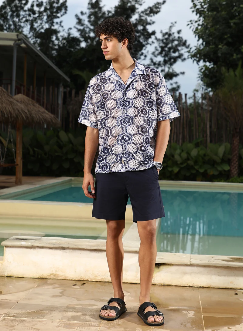 Campus Sutra Campus Sutra Men Hexagon-Imprint Crochet Oversized Shirt | Cuban Collar Short Sleeves | Button Closure Straight Hem | Geometric Print Crochet | Woven Fabric For Casual & Vacation Wear | Navy Blue