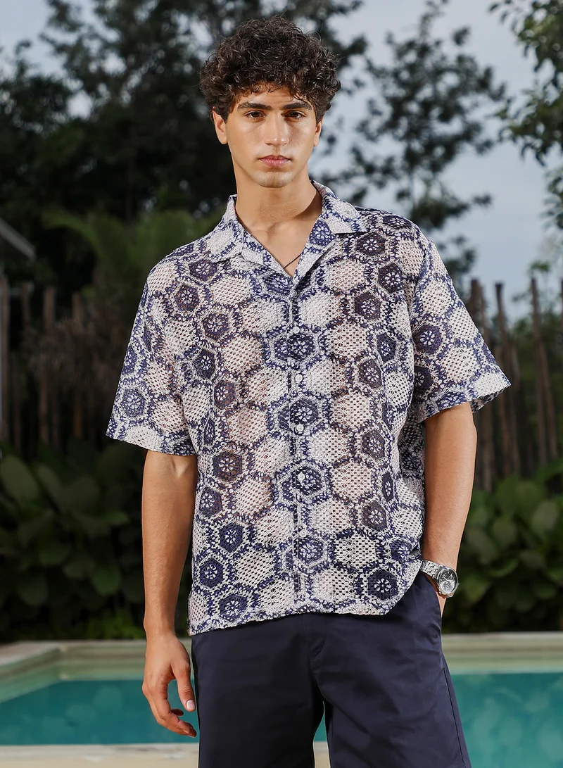كامبوس سوترا Campus Sutra Men Hexagon-Imprint Crochet Oversized Shirt | Cuban Collar Short Sleeves | Button Closure Straight Hem | Geometric Print Crochet | Woven Fabric For Casual & Vacation Wear | Navy Blue