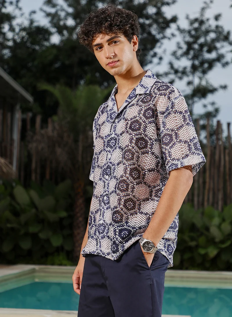 Campus Sutra Campus Sutra Men Hexagon-Imprint Crochet Oversized Shirt | Cuban Collar Short Sleeves | Button Closure Straight Hem | Geometric Print Crochet | Woven Fabric For Casual & Vacation Wear | Navy Blue