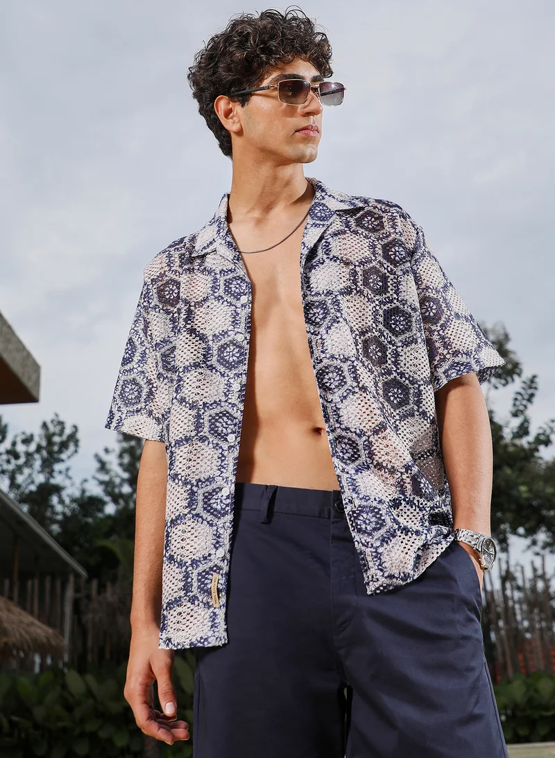 كامبوس سوترا Campus Sutra Men Hexagon-Imprint Crochet Oversized Shirt | Cuban Collar Short Sleeves | Button Closure Straight Hem | Geometric Print Crochet | Woven Fabric For Casual & Vacation Wear | Navy Blue