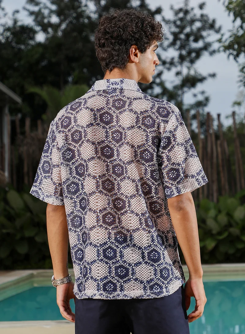 Campus Sutra Campus Sutra Men Hexagon-Imprint Crochet Oversized Shirt | Cuban Collar Short Sleeves | Button Closure Straight Hem | Geometric Print Crochet | Woven Fabric For Casual & Vacation Wear | Navy Blue