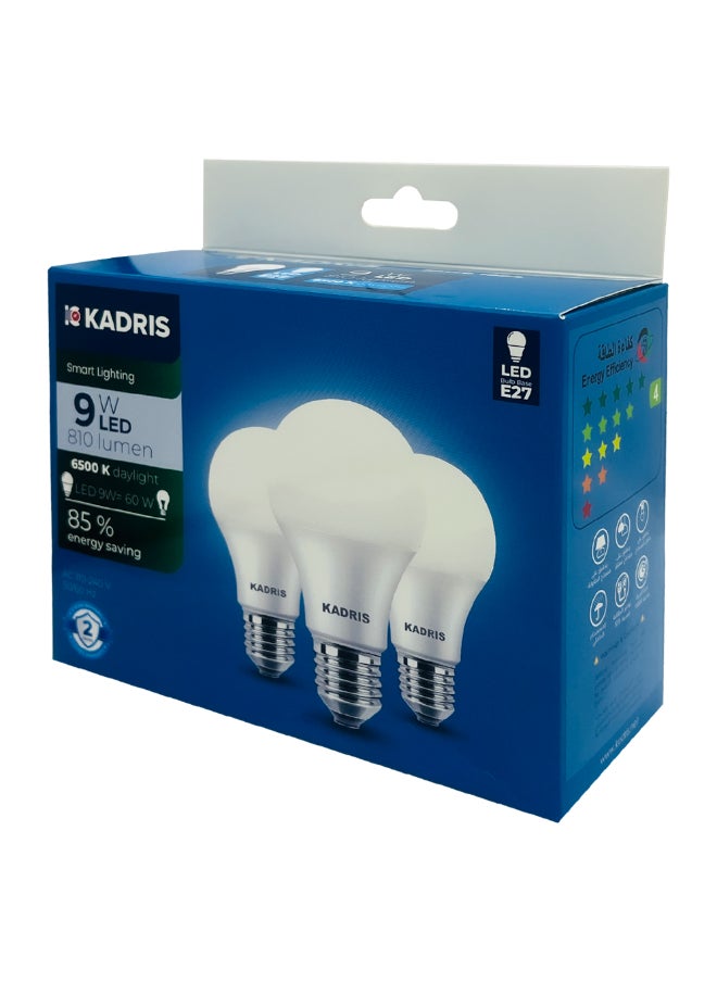 KADRIS عرض 3 قطع لمبة ضوء LED 9 واط LA-2121، 6500 كلفن ضوء النهار البارد (أبيض)، غير قابلة للتعتيم، قاعدة E27 9 واط = 60 واط 900 لومن، معتمدة من ESMA مع ضمان لمدة سنة واحدة  - Image 3