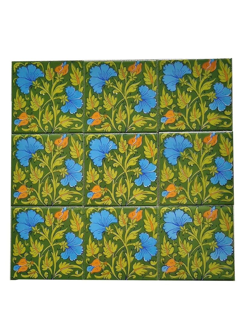 Shiv Kripa Blue Pottery Shiv Kripa Blue Pottery Luxury Floral Decorative Crafted Tabletop Flooring Wall Interior Exterior Traditional 4 x 4 inch Tiles Pack of 9 Tiles Green 