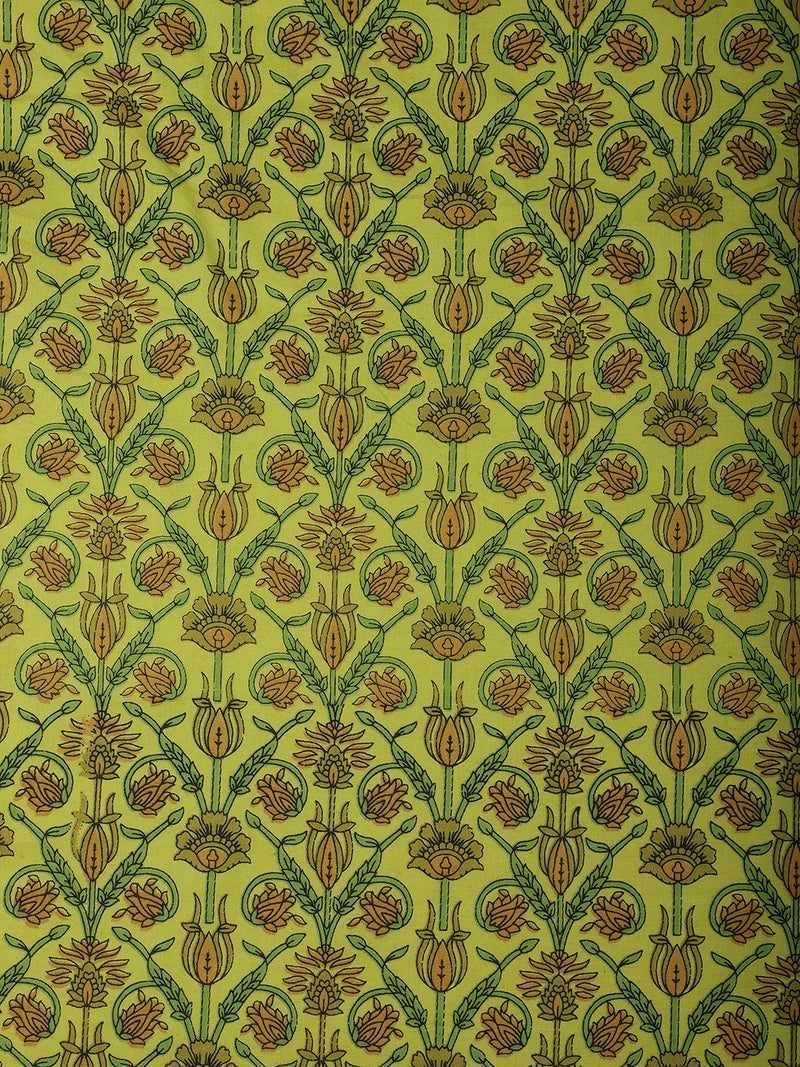 AKS Floral Jaal Block Print Cotton Fabric - Lime Green & Ochre - Image 3