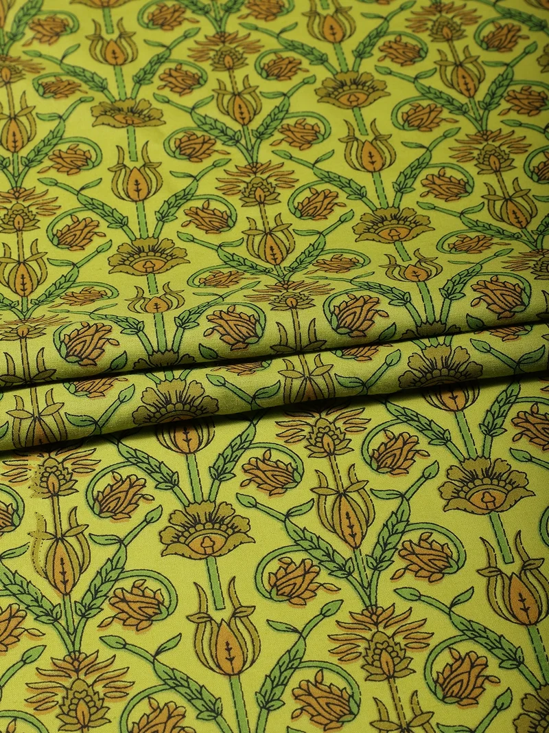 أيه كيه إس Floral Jaal Block Print Cotton Fabric - Lime Green & Ochre