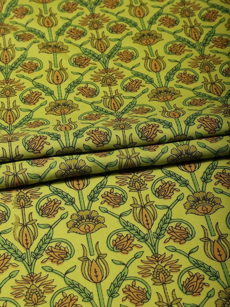 AKS Floral Jaal Block Print Cotton Fabric - Lime Green & Ochre - Image 1