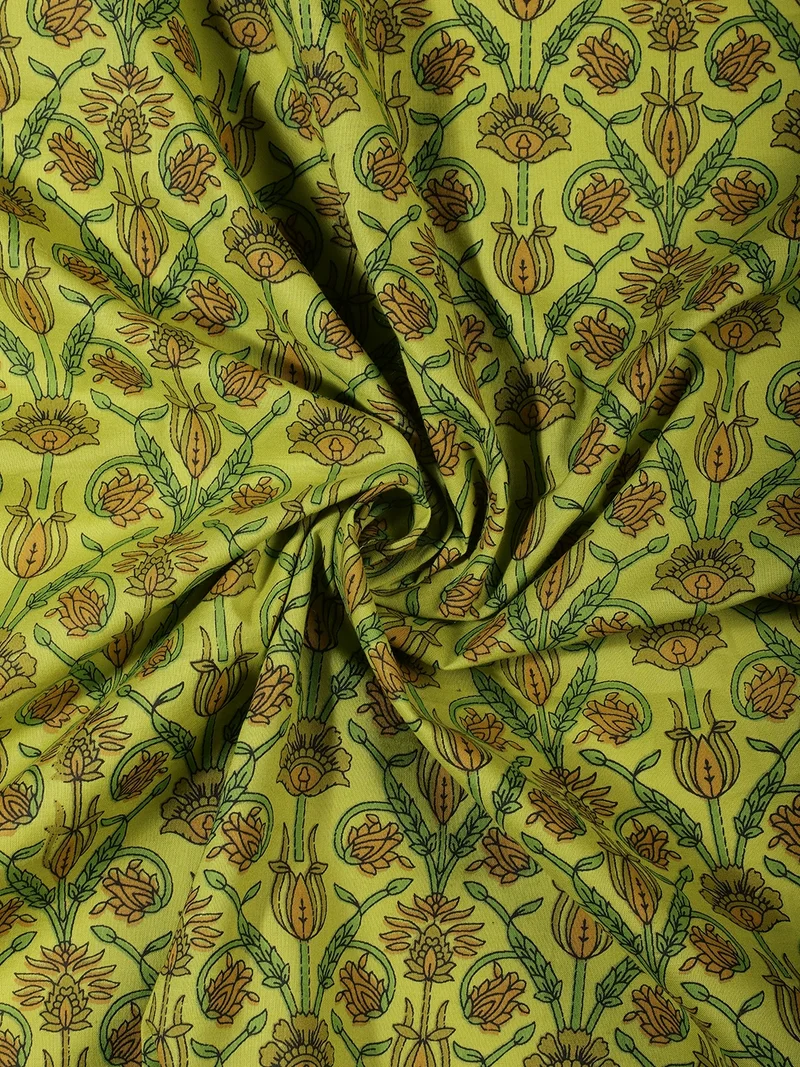 أيه كيه إس Floral Jaal Block Print Cotton Fabric - Lime Green & Ochre