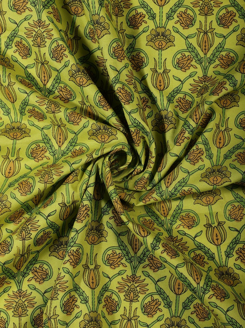 AKS Floral Jaal Block Print Cotton Fabric - Lime Green & Ochre - Image 2