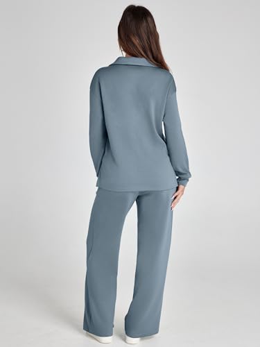 Glamaker Fall Outfits For Women 2024 Long Sleeve Two Piece Sets V Neck Lounge Sets 2 Piece Sweat Set (Dusty Blue XL) - Image 4